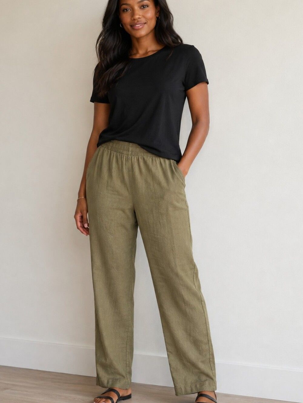 Old Navy Linen Blend Pull On Olive Green High Rise Straight Leg Sz L Coastal